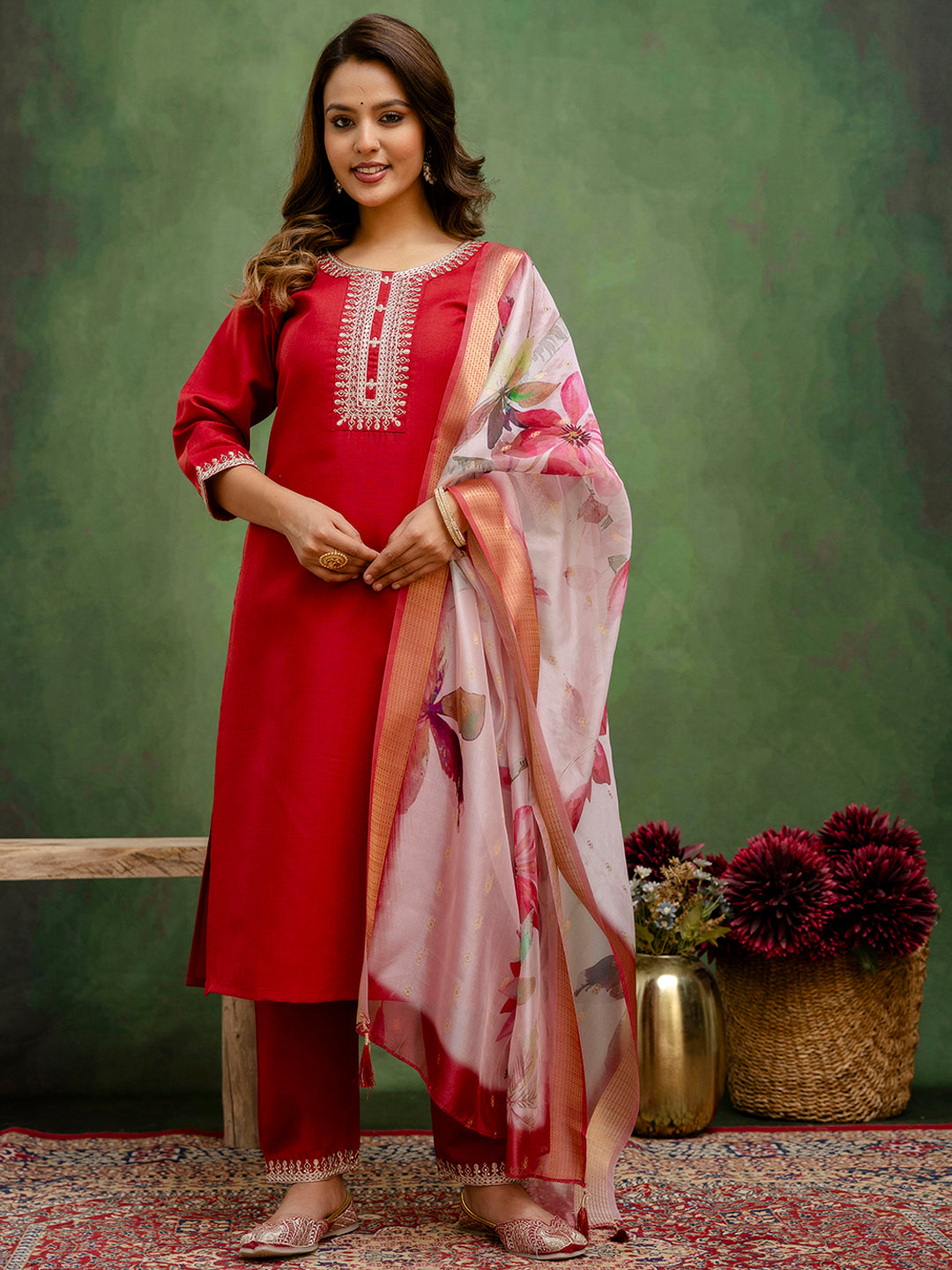 Dhiyona VV Nitya Maroon Women Kurta and Trousers Pant Sets Cotton Blend