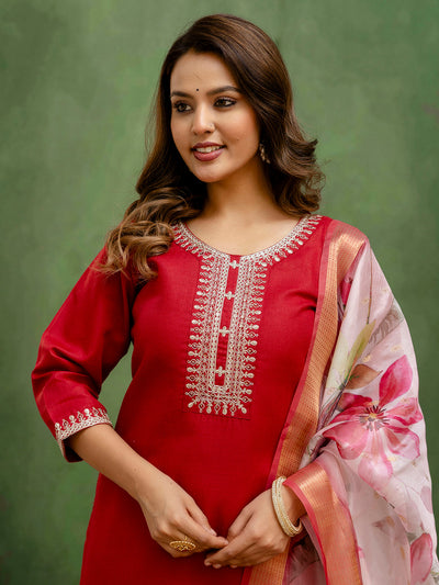 Indyancart VV Nitya Maroon Women Kurta and Trousers Pant Sets Cotton Blend