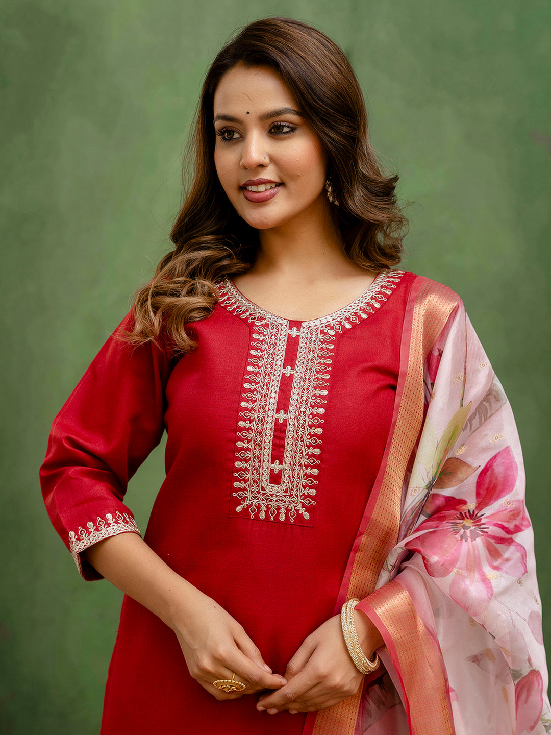 Dhiyona VV Maroon Women Kurta and Trousers Pant Sets Cotton Blend