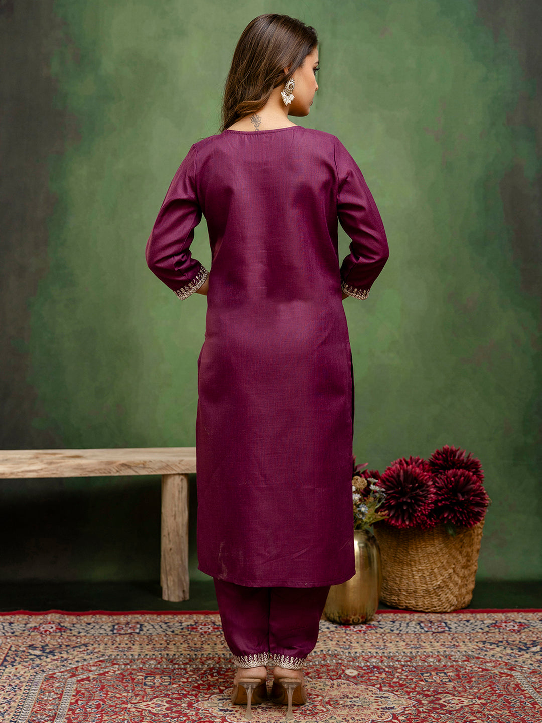 Dhiyona VV Purple Women Kurta and Trousers Pant Sets Cotton Blend