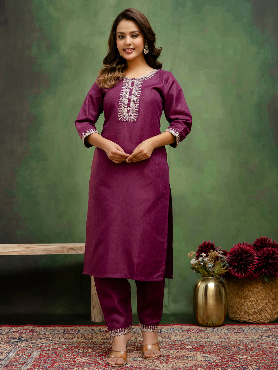 Dhiyona VV Purple Women Kurta and Trousers Pant Sets Cotton Blend