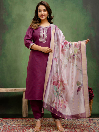 Dhiyona VV Purple Women Kurta and Trousers Pant Sets Cotton Blend