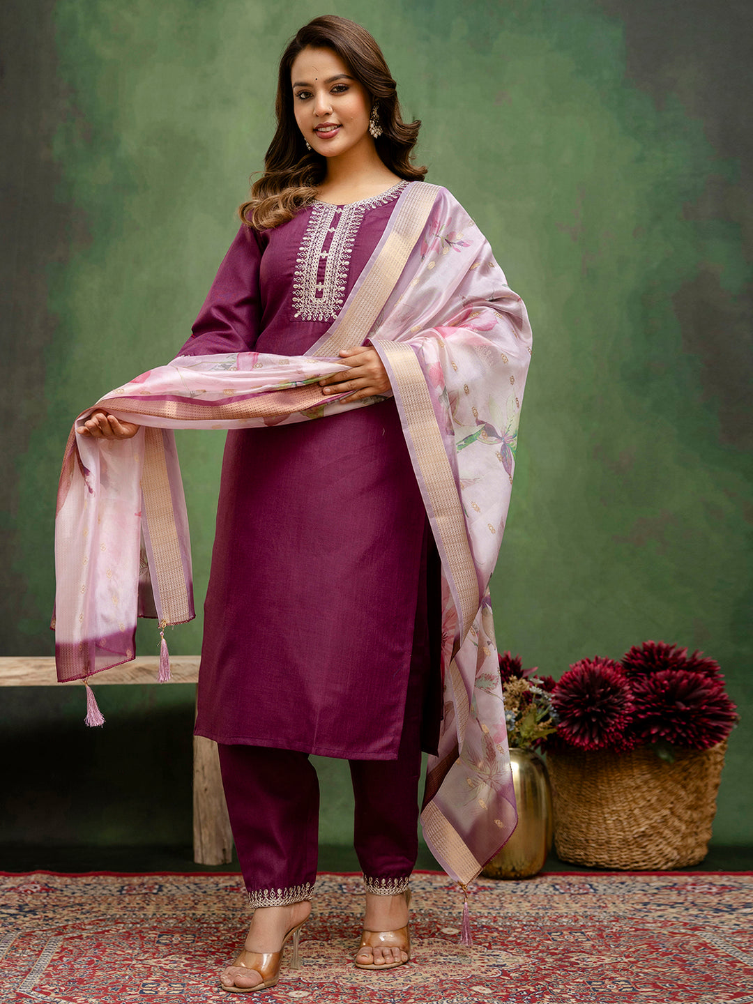 Dhiyona VV Purple Women Kurta and Trousers Pant Sets Cotton Blend