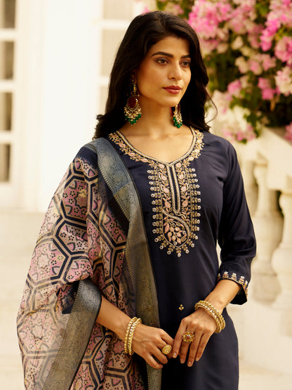 Dhiyona VV Abhiprithi Blue Embroidered Women Kurta Sets With Dupatta Straight Suits