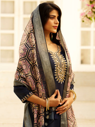 Indyancart VV Abhiprithi Blue Embroidered Women Kurta Sets With Dupatta Straight Suits