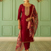 Dhiyona VV Bhuvika Beads Embroidered Maroon Women Kurta Sets With Dupatta Straight Suits