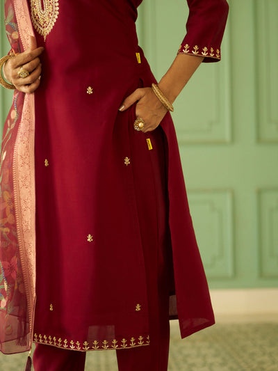 Indyancart VV Bhuvika Beads Embroidered Maroon Women Kurta Sets With Dupatta Straight Suits