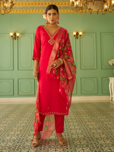 Indyancart VV Aaravi Beads Embroidered Pink Women Kurta Sets With Dupatta Straight Suits