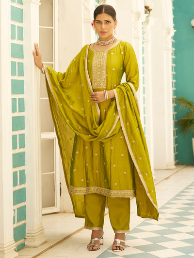 Indyancart VV Kanya Elegant Silk Blend Anarkali Kurta Set with Embroidered Dupatta Flowy Fit and Stunning Style