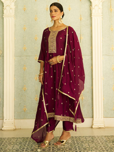Indyancart VV Varsha Elegant Silk Blend Anarkali Kurta Set with Embroidered Dupatta and Flowy Fit for a Stunning Look