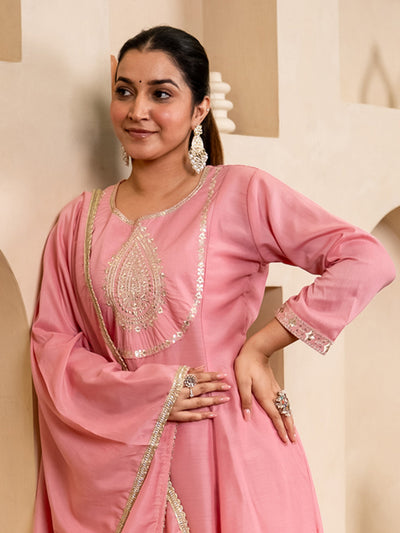 Indyancart VV Zoya pink Anarkali Kurta and Pant Dupatta Set