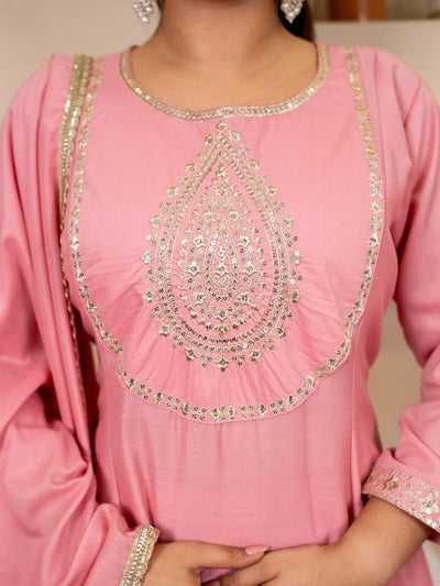 Indyancart VV Zoya pink Anarkali Kurta and Pant Dupatta Set