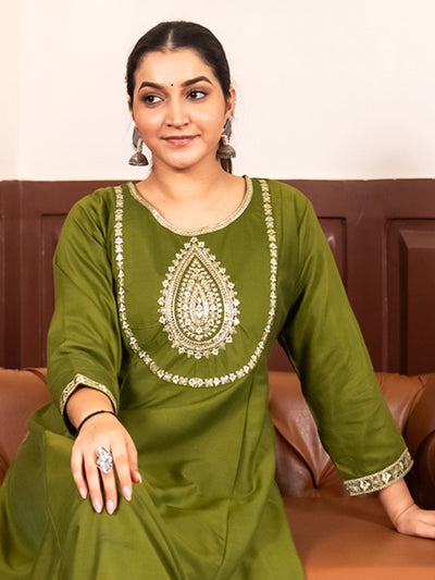 Indyancart VV Shailaja mehndi Anarkali Kurta and Pant Dupatta Set