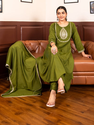 Indyancart VV Shailaja mehndi Anarkali Kurta and Pant Dupatta Set