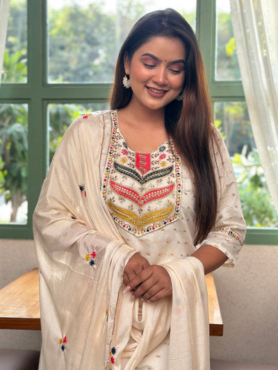 Indyancart VV Sangini Off White Embroidered Chanderi Silk Kurta Set with Embroidered Dupatta