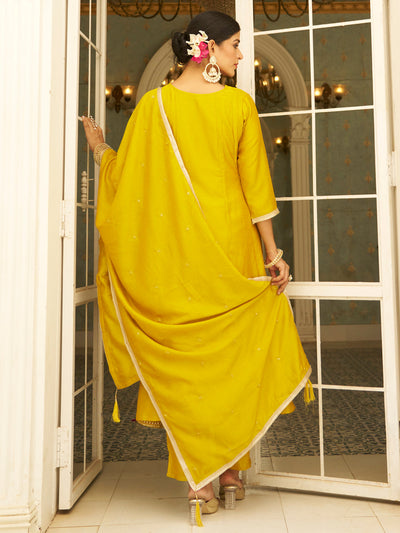 Indyancart VV Harini Silk Blend Anarkali Kurta Set with Embroidered Dupatta Elegant Ready to Wear Three Quarter Sleeves Kurta Pant Set