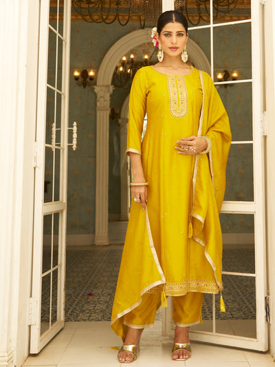 Indyancart VV Harini Silk Blend Anarkali Kurta Set with Embroidered Dupatta Elegant Ready to Wear Three Quarter Sleeves Kurta Pant Set