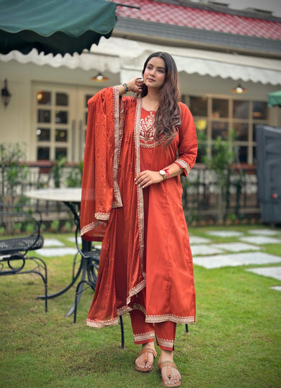 Indyancart VV Nayera Peach Anarkali Kurta and Pant Dupatta Set