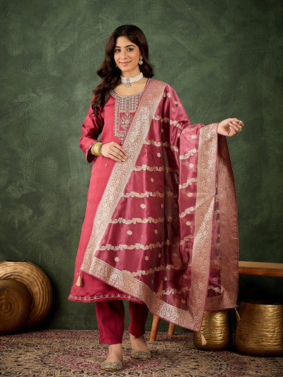 Indyancart VV Neria Women Ethnic Motifs Embroidered Kurta with Trousers & Dupatta