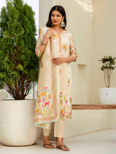 Indyancart VV Charvi Cream Floral Print Silk Women Kurta Sets With Printed Dupatta Suits