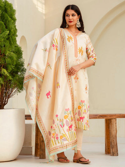 Indyancart VV Charvi Cream Floral Print Silk Women Kurta Sets With Printed Dupatta Suits