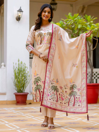 Dhiyona VV Shivani Floral Printed Handwork Silk Straight Kurta With Trousers & Dupatta Suits