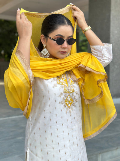 Indyancart VV Aabha White Women Kurta and Pant Dupatta Sets Chanderi Silk Fabrics with Embroidery