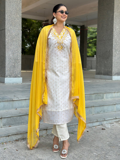 Indyancart VV Aabha White Women Kurta and Pant Dupatta Sets Chanderi Silk Fabrics with Embroidery