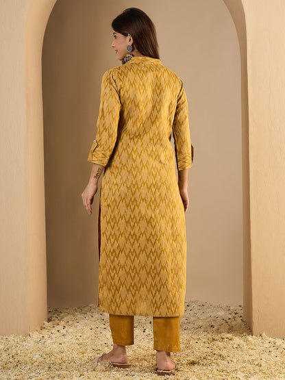 Dhiyona VV Cotton Silk Woven Straight Kurta Pant Set | Mandarin Collar Calf Length Festive & Casual Ethnic Kurta Sets for Women