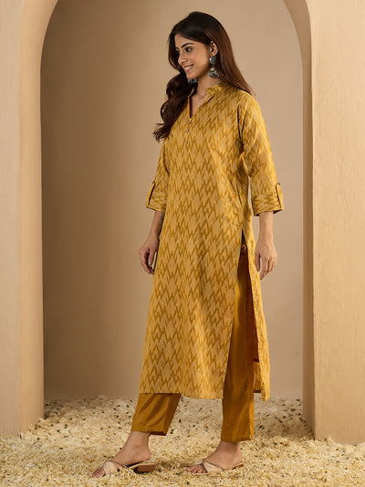 Indyancart VV Cotton Silk Woven Straight Kurta Pant Set | Mandarin Collar Calf Length Festive & Casual Ethnic Kurta Sets for Women
