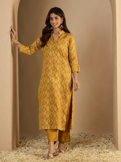 Indyancart VV Cotton Silk Woven Straight Kurta Pant Set | Mandarin Collar Calf Length Festive & Casual Ethnic Kurta Sets for Women
