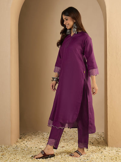 Indyancart VV Purple Women Cotton Blend Kurta Pant Set