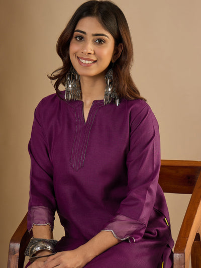 Indyancart VV Purple Women Cotton Blend Kurta Pant Set