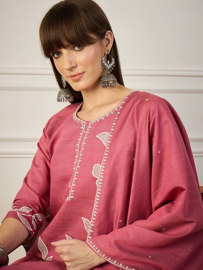 Indyancart VV Samyuktha Yellow Embroidery Silk Straight Kurta With Trousers & Dupatta Sets