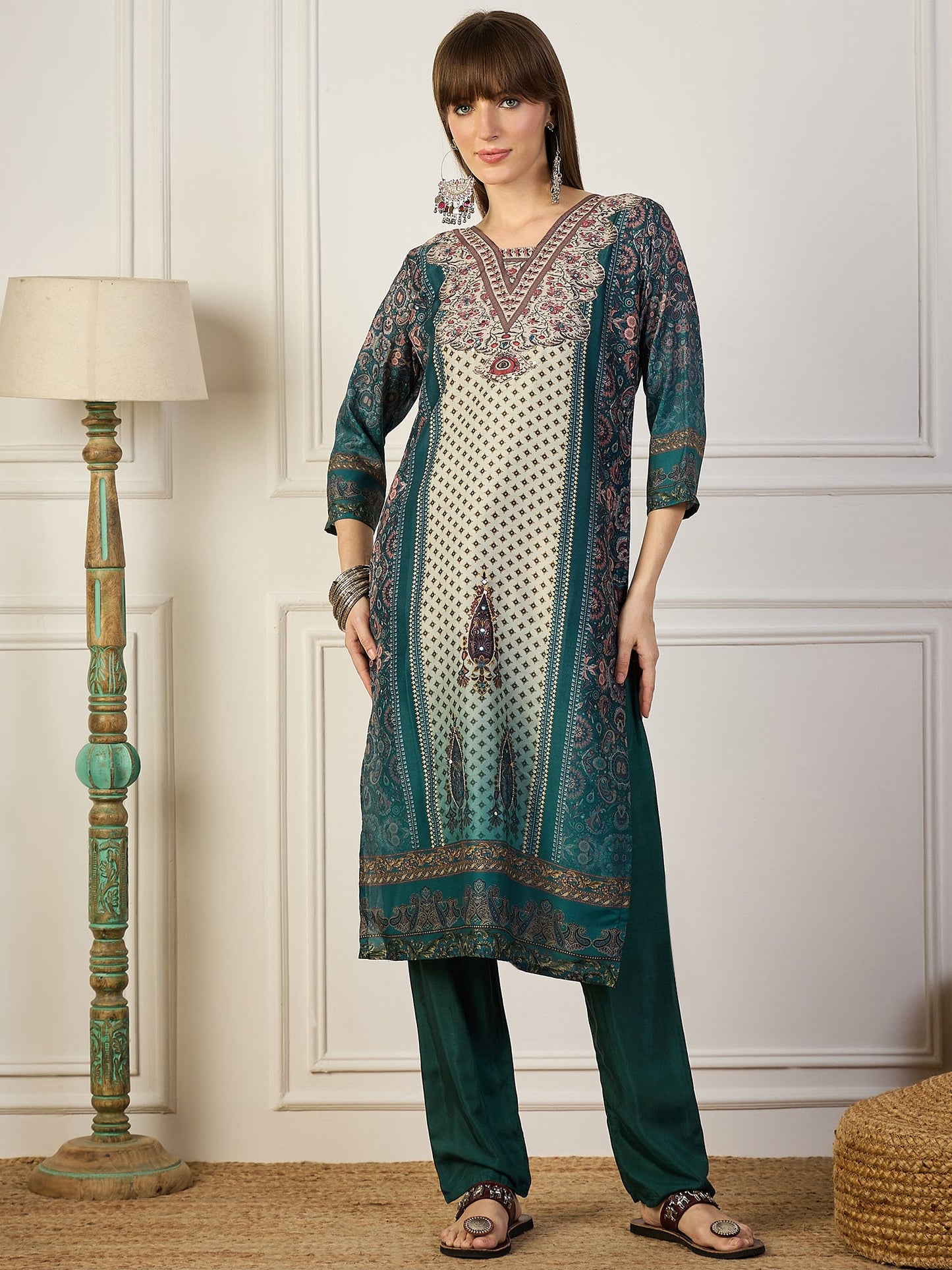 Dhiyona VV Pravya Teal Embroidery Silk Straight Kurta With Trousers & Dupatta Sets