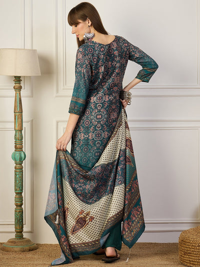 Indyancart VV Pravya Teal Embroidery Silk Straight Kurta With Trousers & Dupatta Sets