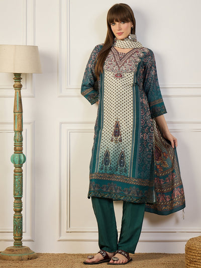 Indyancart VV Pravya Teal Embroidery Silk Straight Kurta With Trousers & Dupatta Sets