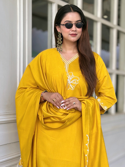 Indyancart VV Twinkal Yellow Kurta and Pant Dupatta Sets Silk Blend Fabrics with Embroidery
