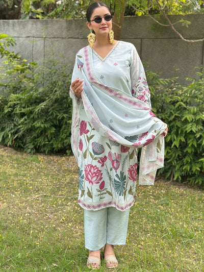 Indyancart VV Mist Sky Digital Printed Neck Handwork Women Kurta Sets With Dupatta Straight Suits