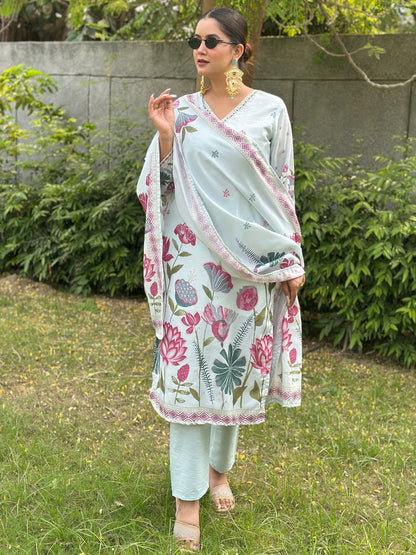 Dhiyona VV Mist Sky Digital Printed Neck Handwork Women Kurta Sets With Dupatta Straight Suits