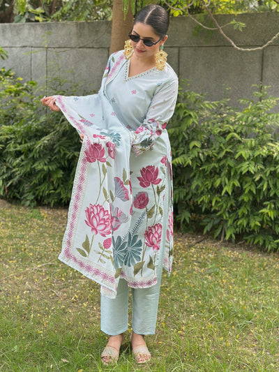 Indyancart VV Mist Sky Digital Printed Neck Handwork Women Kurta Sets With Dupatta Straight Suits