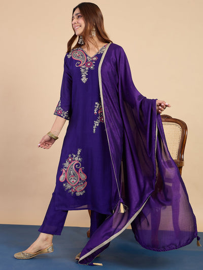 Indyancart VV Purple Embroidered Kurta Pant Set