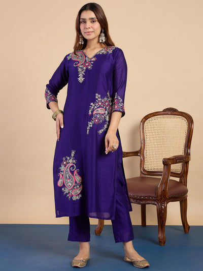 Indyancart VV Purple Embroidered Kurta Pant Set
