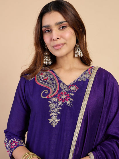 Dhiyona VV Purple Embroidered Kurta Pant Set