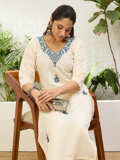 Dhiyona VV Off White Women Embroidered Silk Blend Straight Kurta