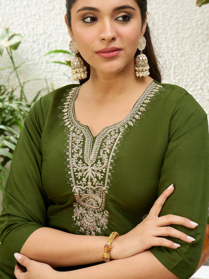 Dhiyona VV Mehndi Women Embroidered Silk Blend Straight Kurta