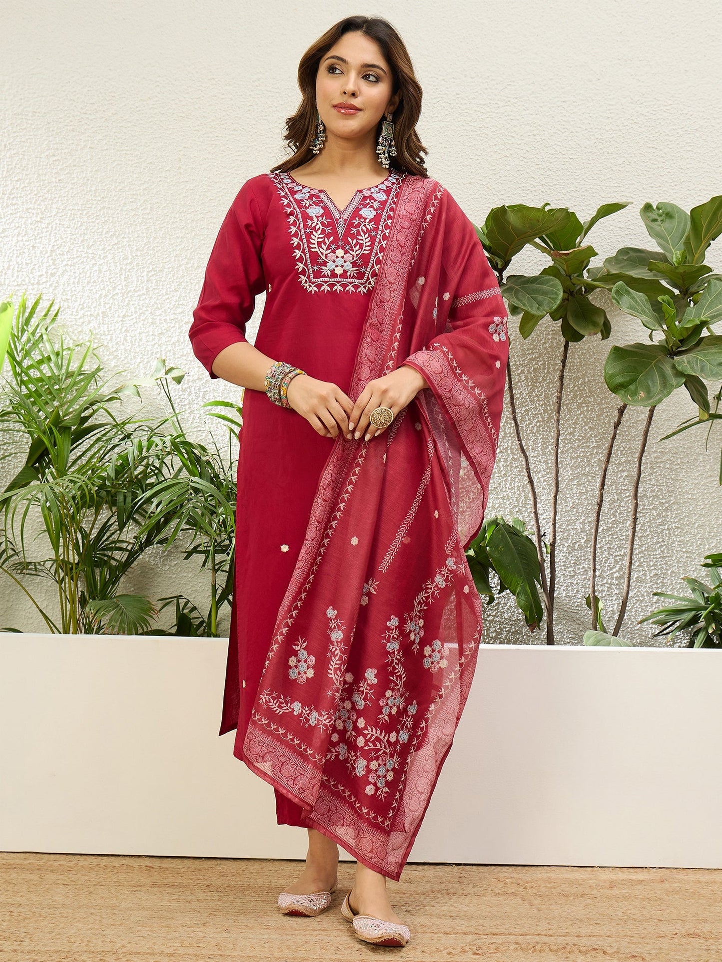 Dhiyona VV Cherry Red Womens Traditional Kurta Pant Set with Dupatta