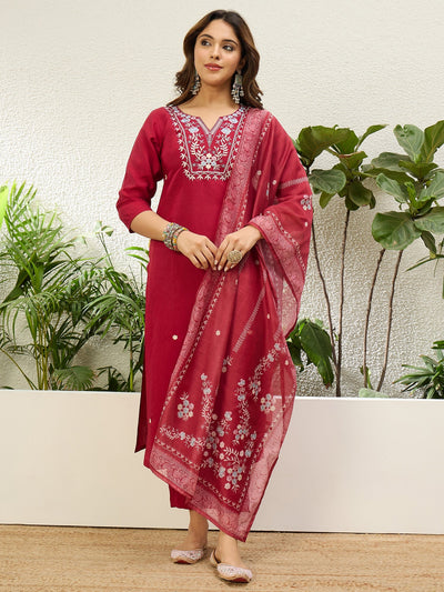 Indyancart VV Cherry Red Womens Traditional Kurta Pant Set with Dupatta
