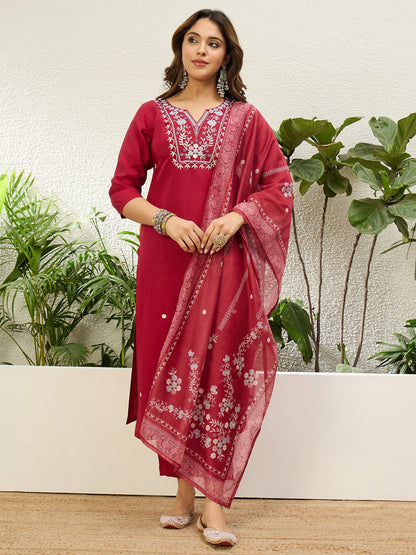 Dhiyona VV Cherry Red Womens Traditional Kurta Pant Set with Dupatta