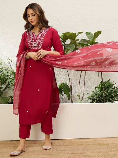 Indyancart VV Cherry Red Womens Traditional Kurta Pant Set with Dupatta